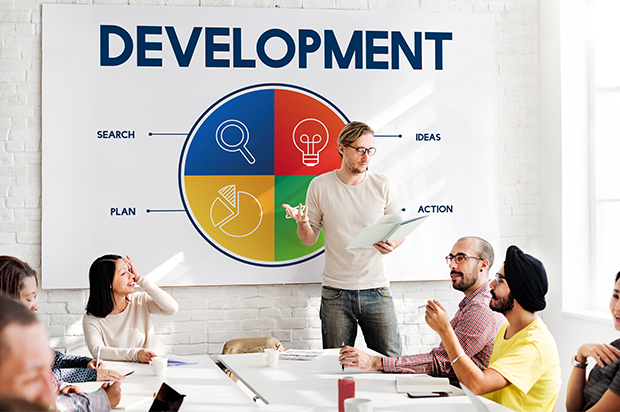 Team brainstorming under a "Development" process diagram.